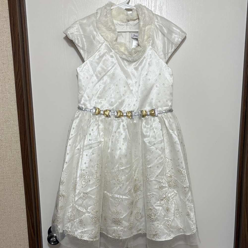 Jona Michelle Girls Dress Sz 7 Off White Princess Formal Flower Girl Faux Fur